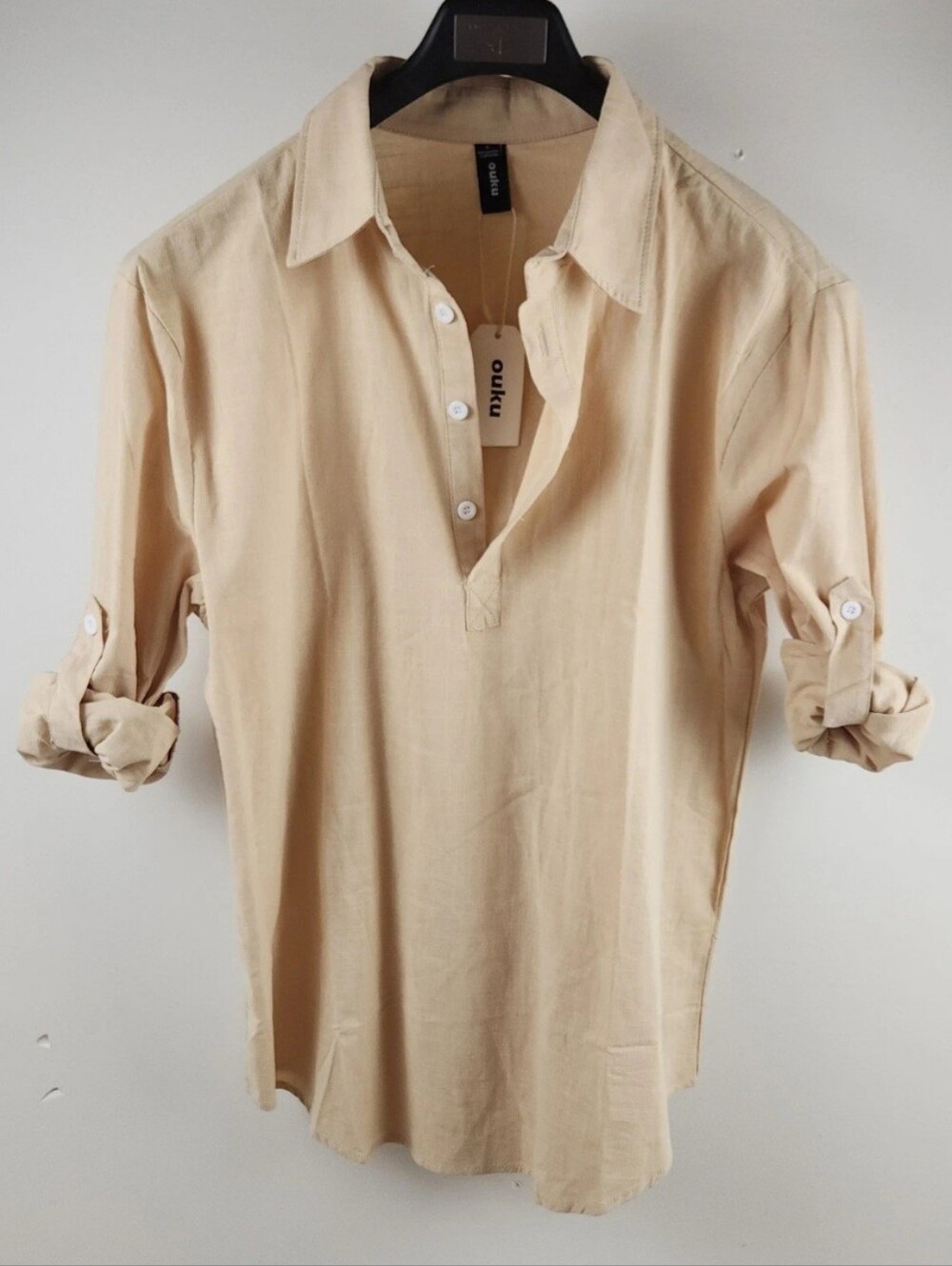 Ouku Shirt Mens Small Tan Roll Tab Sleeve Button Up Linen Blend NWT